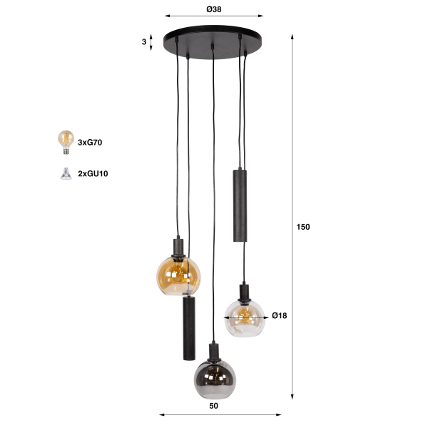 Pendelleuchte mit Glasschirm und schwarzem Metall - Sfera