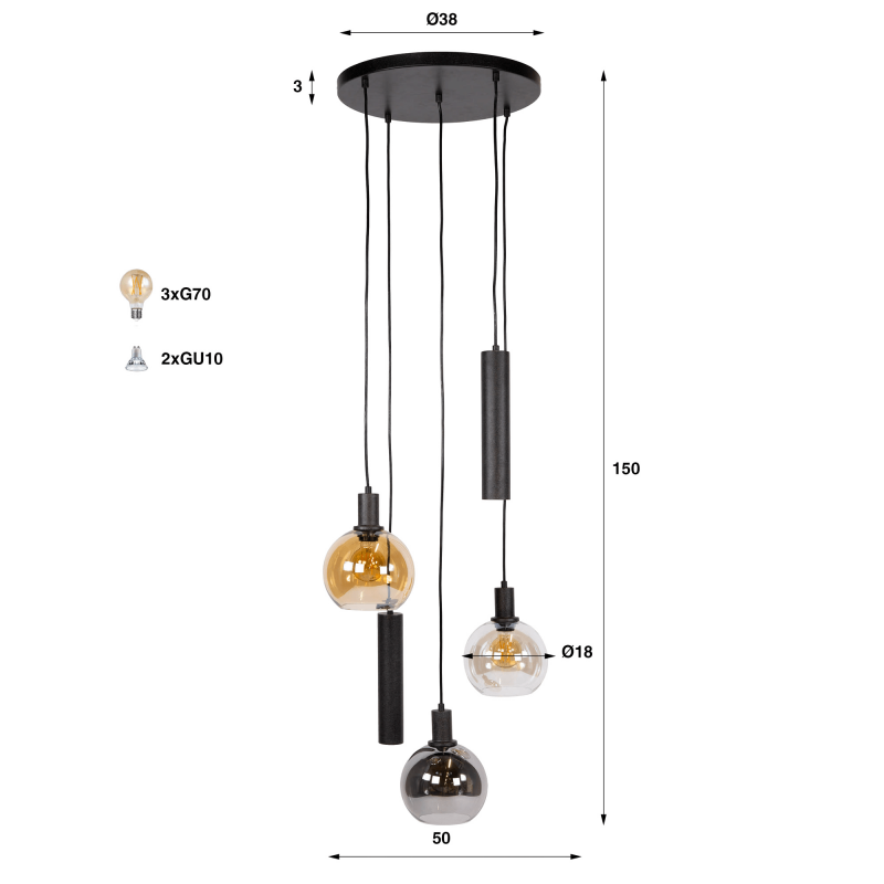 Pendelleuchte mit Glasschirm und schwarzem Metall - Sfera