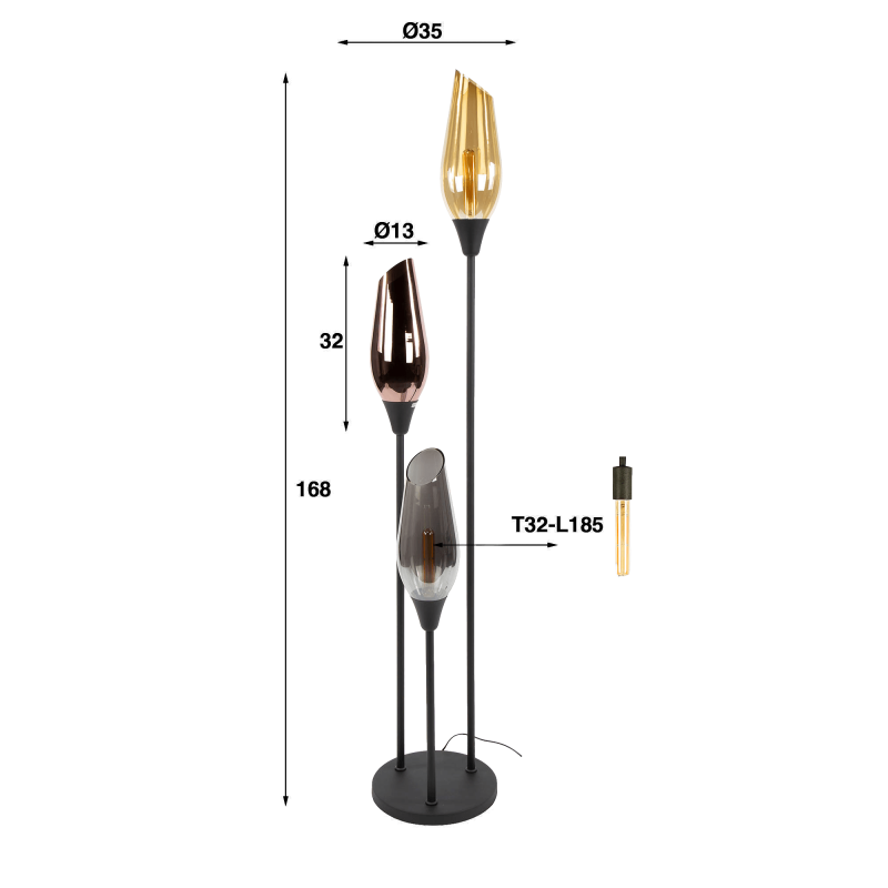 Design-Stehlampe aus schwarzem Metall mit bernsteinfarbenem Glasschirm - Barton