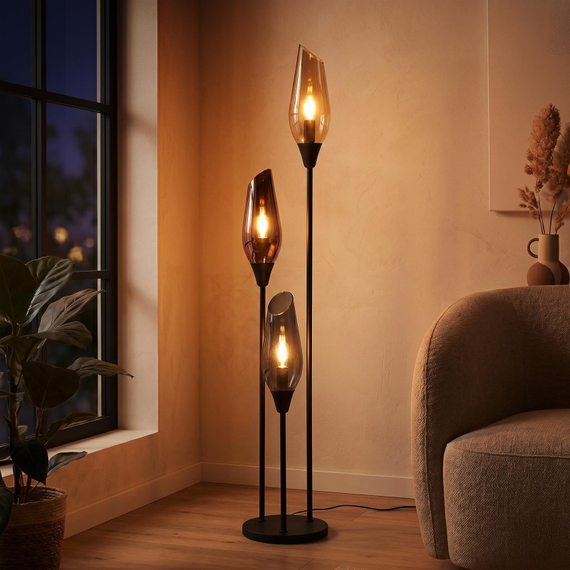 Design-Stehlampe aus schwarzem Metall mit bernsteinfarbenem Glasschirm - Barton