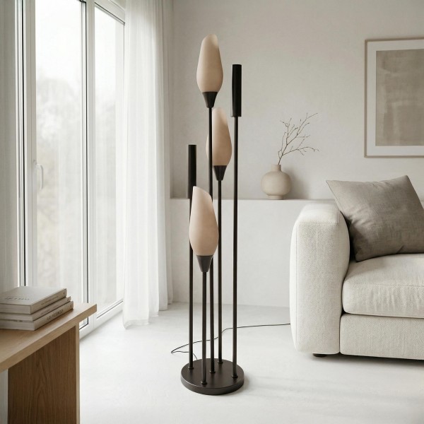 Design-Stehlampe aus braunem Metall mit Schirm aus Opalglas - Barton