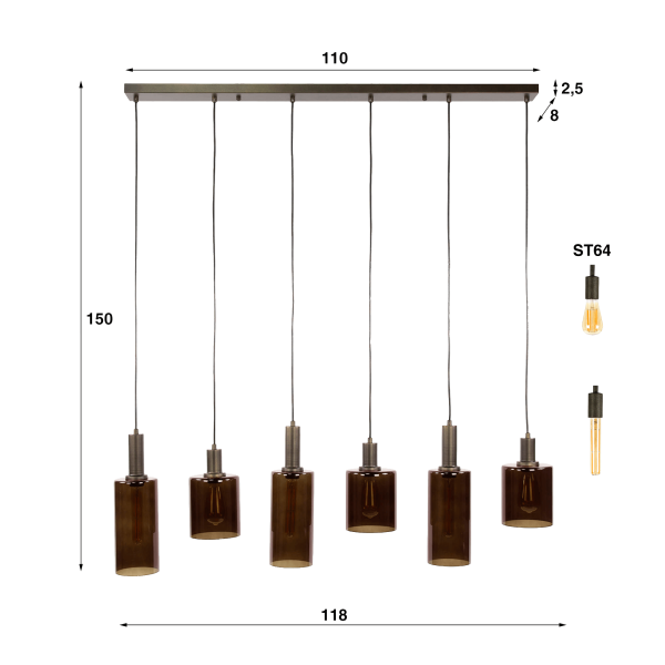 Pendelleuchte aus braunem Metall und Rauchglas - Zenton