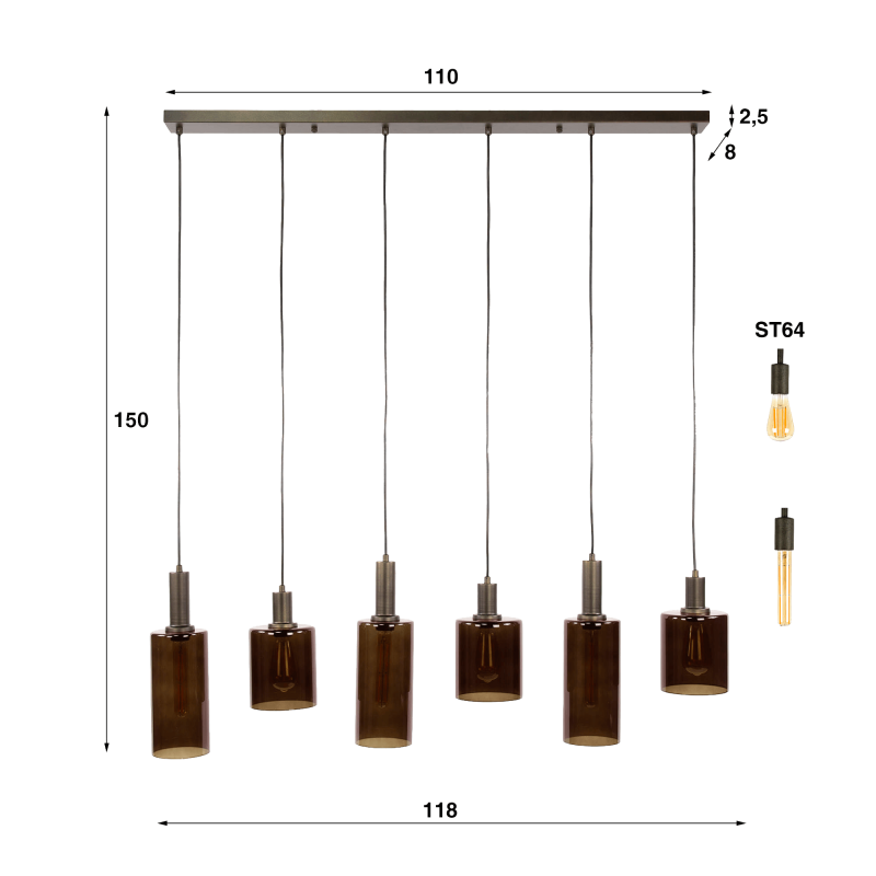 Pendelleuchte aus braunem Metall und Rauchglas - Zenton