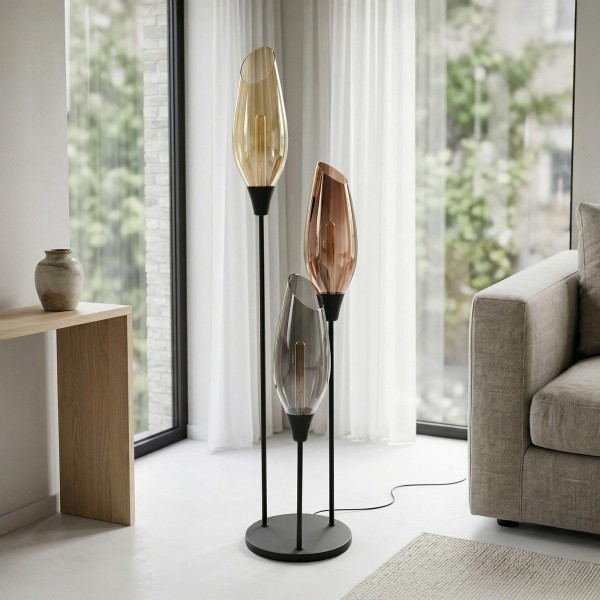 Design-Stehlampe aus schwarzem Metall mit bernsteinfarbenem Glasschirm XL - Barton