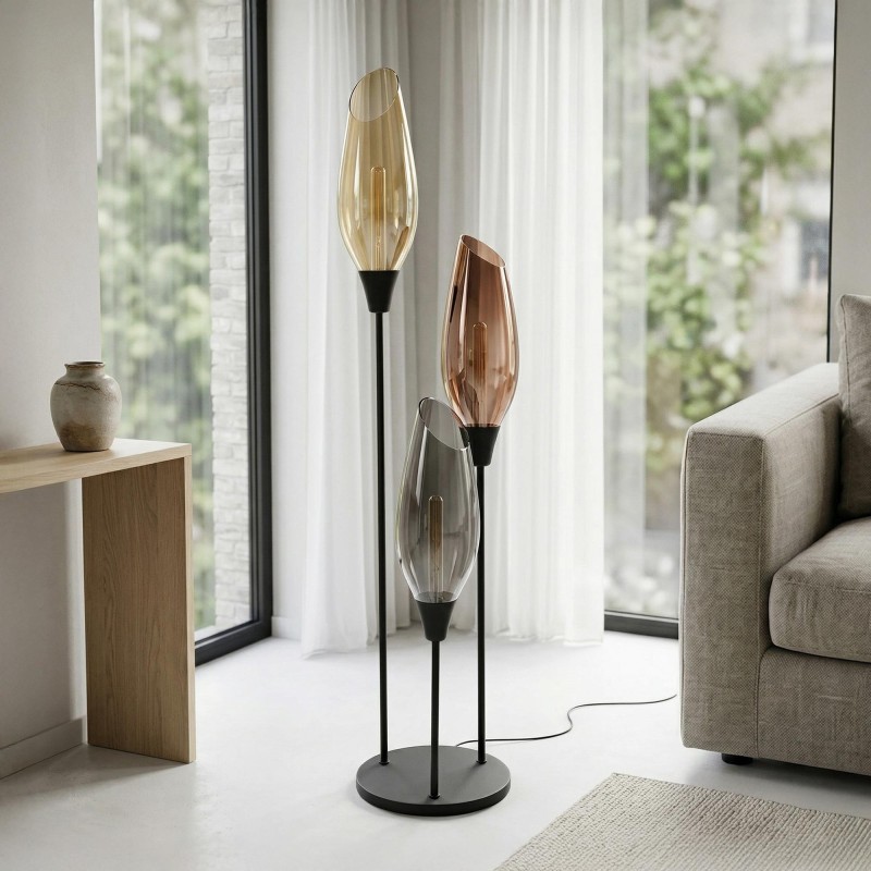 Design-Stehlampe aus schwarzem Metall mit bernsteinfarbenem Glasschirm XL - Barton