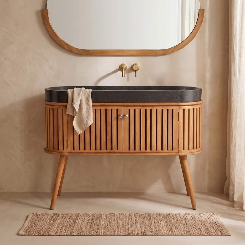 Badezimmermöbel 120 cm aus massivem Teakholz und Waschbecken aus schwarzem Terrazzo - Keya