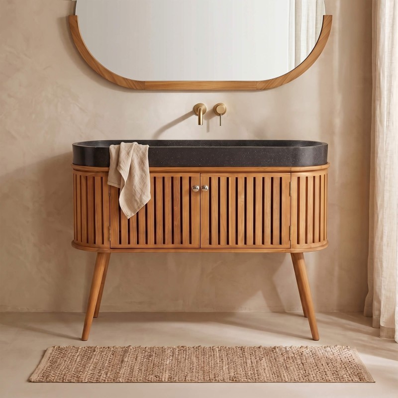 Badezimmermöbel 120 cm aus massivem Teakholz und Waschbecken aus schwarzem Terrazzo - Keya