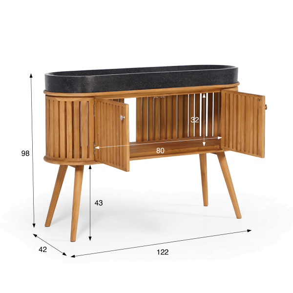 Badezimmermöbel 120 cm aus massivem Teakholz und Waschbecken aus schwarzem Terrazzo - Keya
