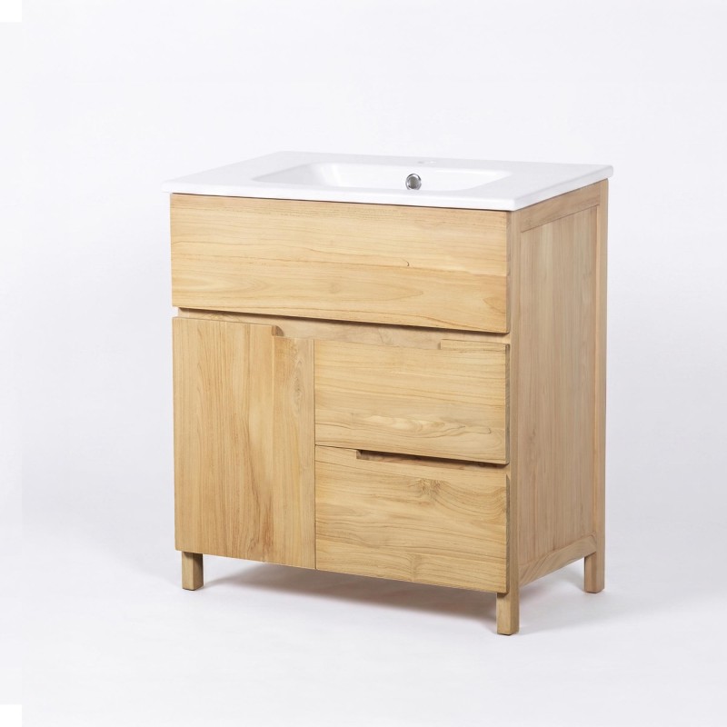 Waschtischunterschrank aus massivem Teakholz 80 cm, Hochglanz-Finish - Olwen