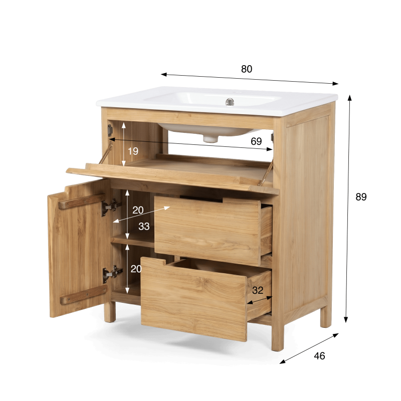 Waschtischunterschrank aus massivem Teakholz 80 cm, Hochglanz-Finish - Olwen