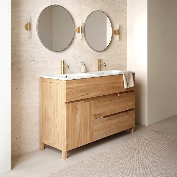 Waschtischunterschrank aus massivem Teakholz 120 cm, Hochglanz-Finish - Olwen