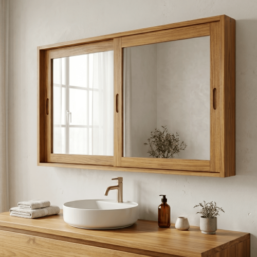 Badezimmerschrank 120 cm aus Teakholz mit Spiegel