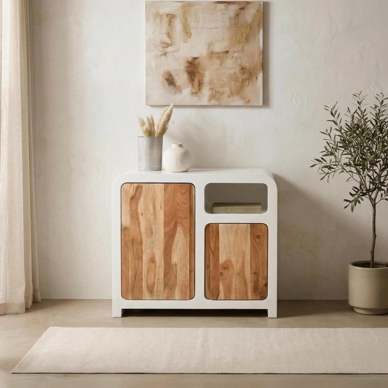 Sideboard für das Esszimmer in Betonoptik und massivem Akazienholz 90 cm - Mineralis