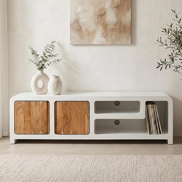 TV-Lowboard in Betonoptik und massivem Akazienholz 180 cm - Mineralis