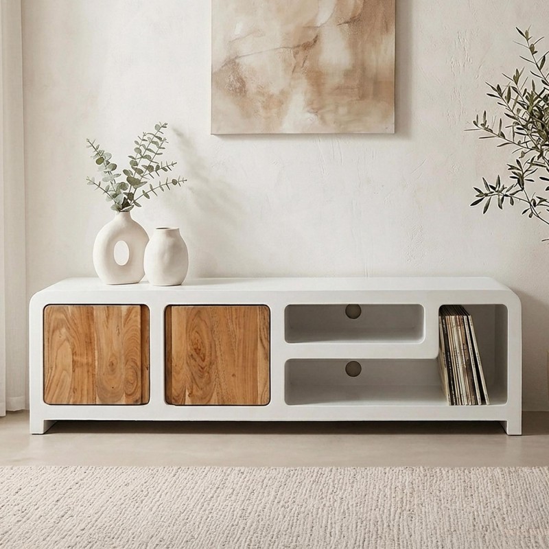 TV-Lowboard in Betonoptik und massivem Akazienholz 180 cm - Mineralis