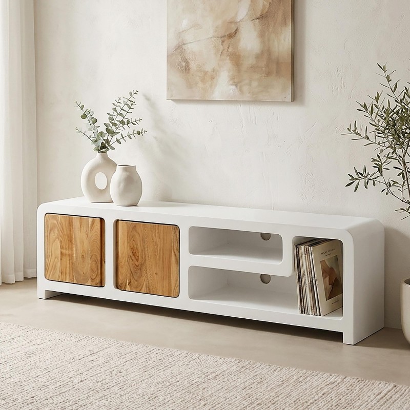 TV-Lowboard in Betonoptik und massivem Akazienholz 180 cm - Mineralis