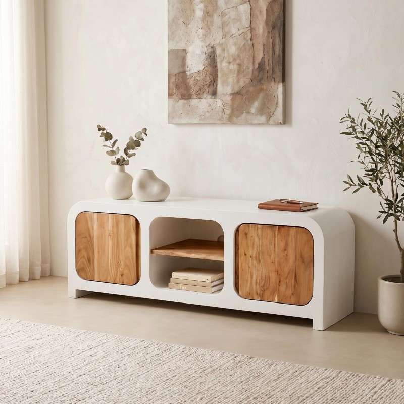 TV-Lowboard in Betonoptik und massivem Akazienholz 140 cm - Mineralis