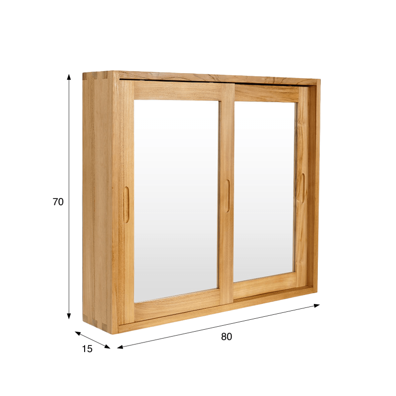 Badezimmerschrank 80cm massives Teakholz Schiebetüren mit Spiegel