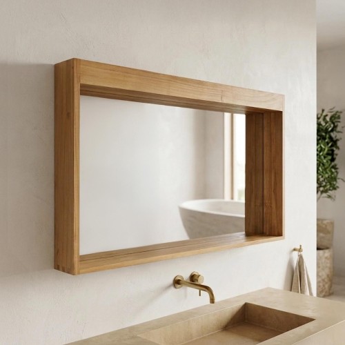 Rechteckiger Spiegel 120 cm Rahmen aus massivem Teakholz mit Lampenplatz