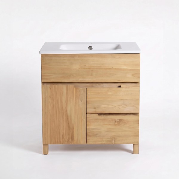 Waschtischunterschrank aus massivem Teakholz 80 cm, Matt-Finish - Olwen
