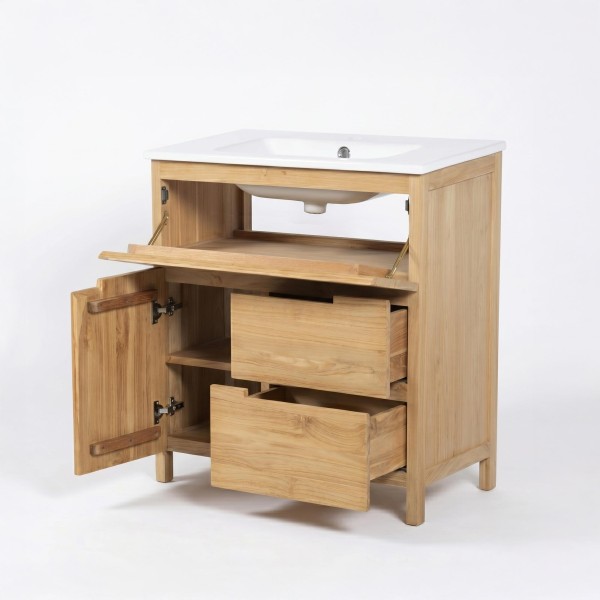 Waschtischunterschrank aus massivem Teakholz 80 cm, Matt-Finish - Olwen