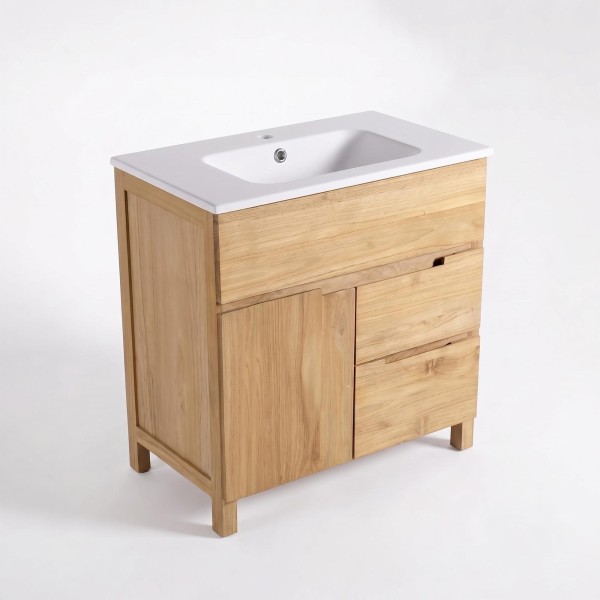 Waschtischunterschrank aus massivem Teakholz 80 cm, Matt-Finish - Olwen