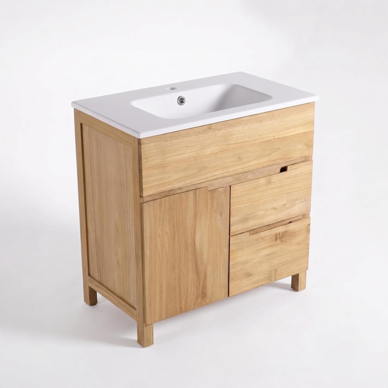 Waschtischunterschrank aus massivem Teakholz 80 cm, Matt-Finish - Olwen