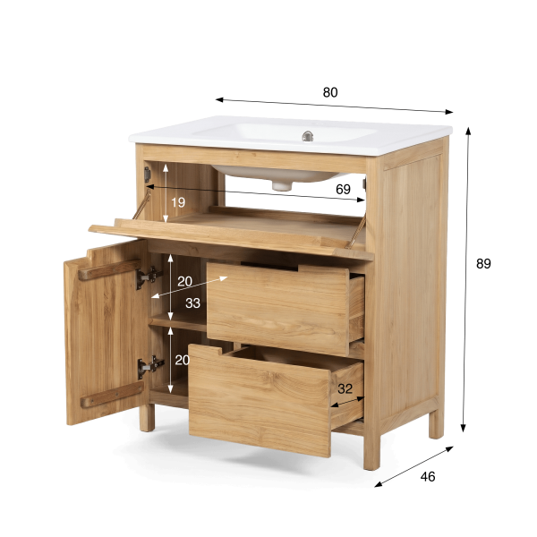 Waschtischunterschrank aus massivem Teakholz 80 cm, Matt-Finish - Olwen