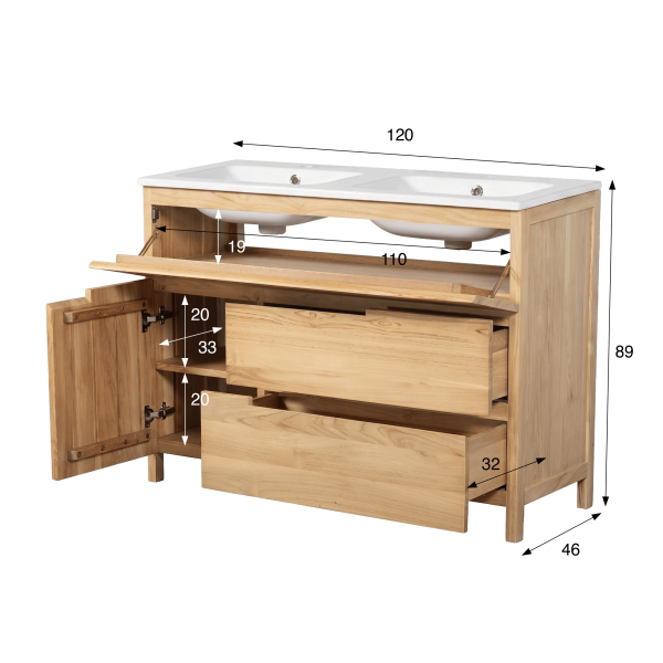 Waschtischunterschrank aus massivem Teakholz 120 cm, Matt-Finish - Olwen