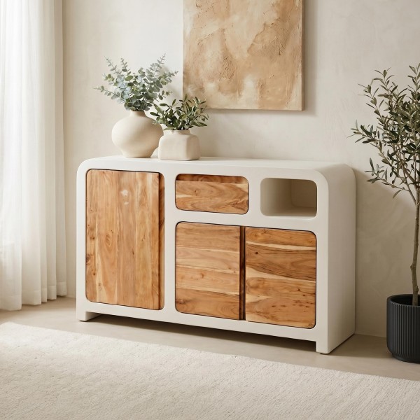 Sideboard für das Esszimmer in Betonoptik und massivem Akazienholz - Mineralis