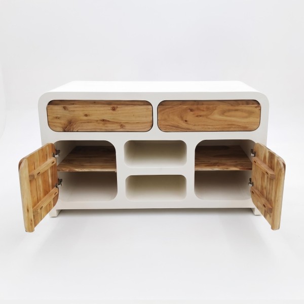 Waschtischunterschrank in Betonoptik und massivem Akazienholz 140 cm - Mineralis