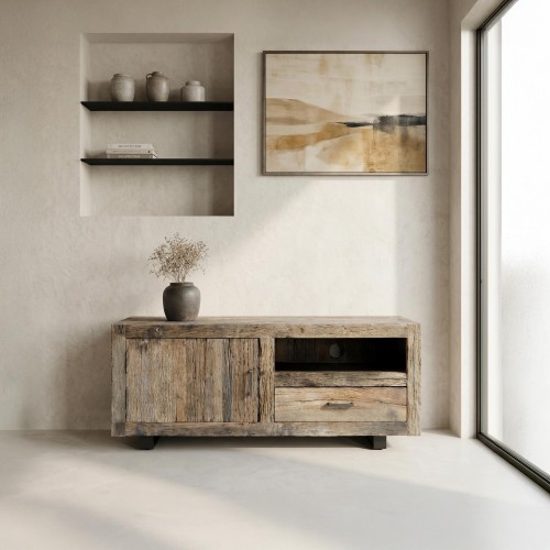 TV-Möbel aus dunklem, rohem Altholz 110 cm - Antique
