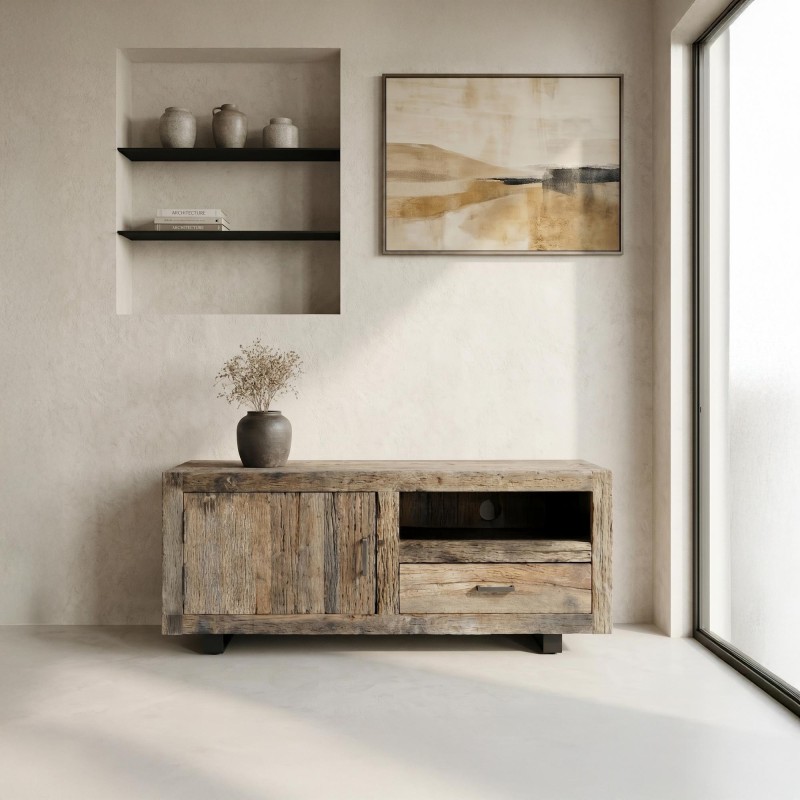 TV-Möbel aus dunklem, rohem Altholz 110 cm - Antique