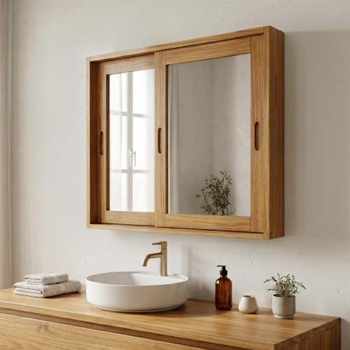 Badezimmerschrank 80cm massives Teakholz Schiebetüren mit Spiegel