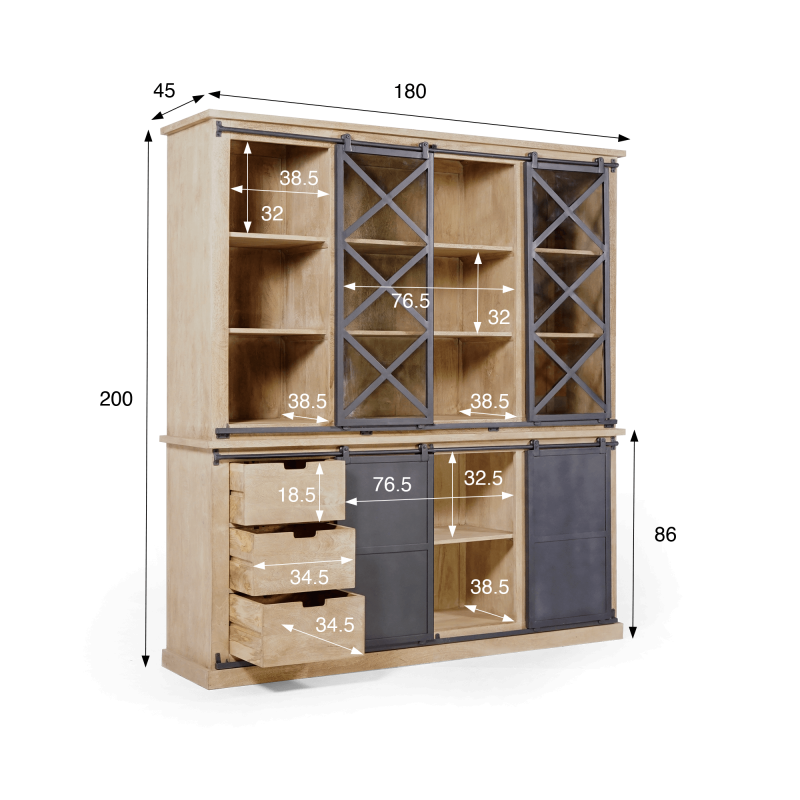 Vitrine im Industrial-Stil aus Massivholz 180 cm – Detroit