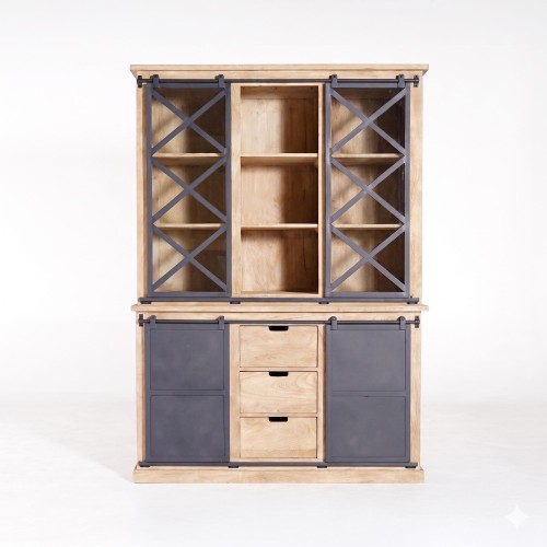 Vitrinenschrank aus Massivholz im Industrial-Stil 140 cm - Detroit