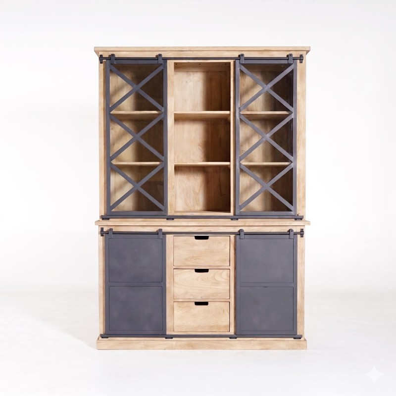 Vitrinenschrank aus Massivholz im Industrial-Stil 140 cm - Detroit