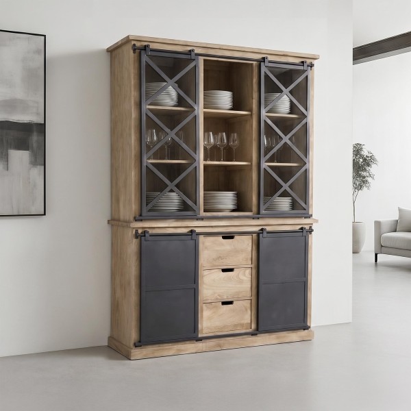 Vitrinenschrank aus Massivholz im Industrial-Stil 140 cm - Detroit