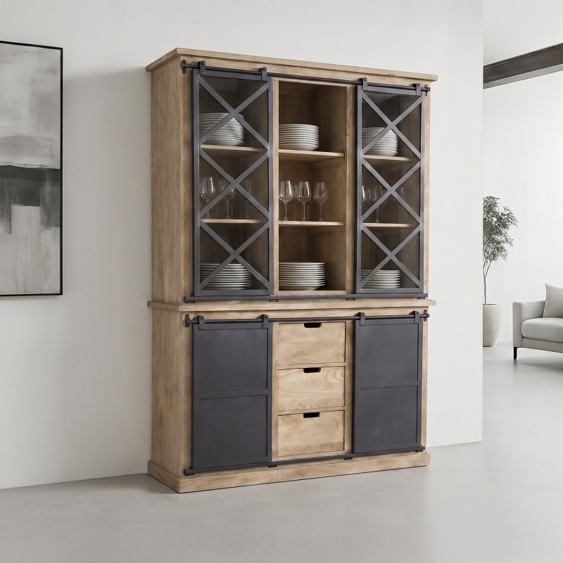 Vitrinenschrank aus Massivholz im Industrial-Stil 140 cm - Detroit