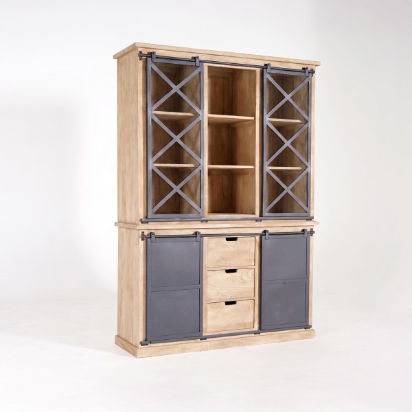 Vitrinenschrank aus Massivholz im Industrial-Stil 140 cm - Detroit