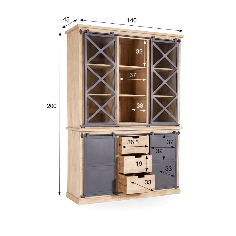 Vitrinenschrank aus Massivholz im Industrial-Stil 140 cm - Detroit
