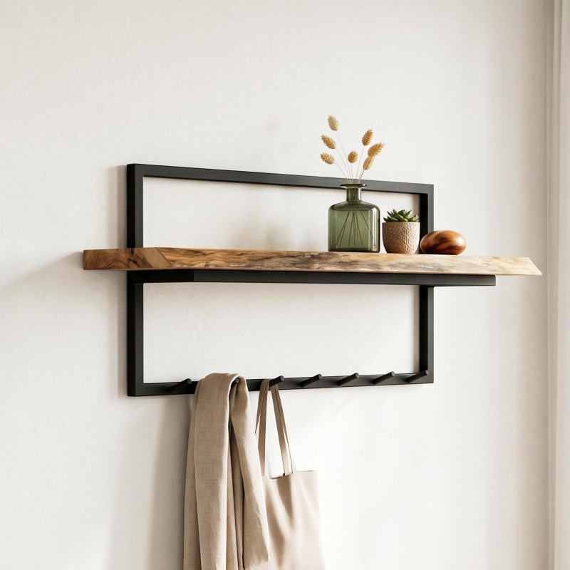 Industrielle Wandgarderobe aus Massivholz und Metall 7 Haken