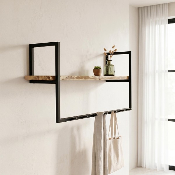 Wandgarderobe aus Metall 7 Haken und 1 Regal aus Massivholz
