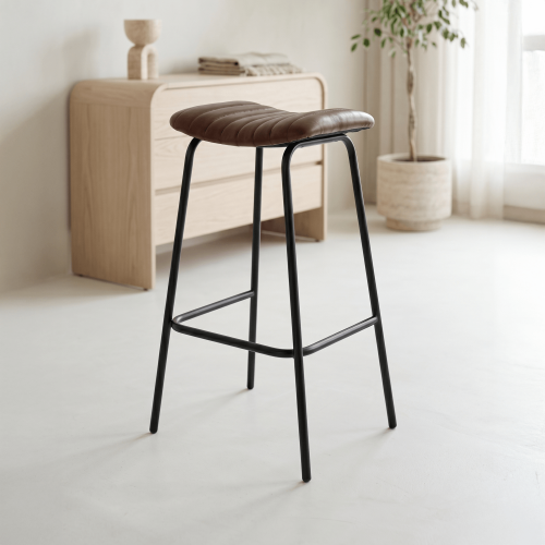 Hoher Hocker aus Naturleder und Metall