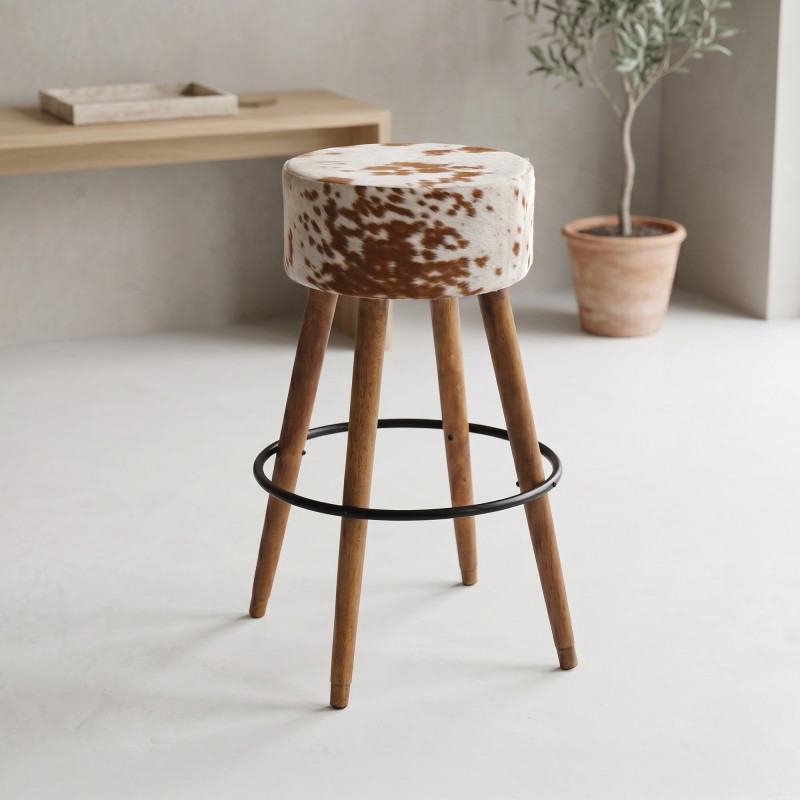 Barhocker aus Holz und Sitzfläche aus natürlichem Kuhfell - Ranch