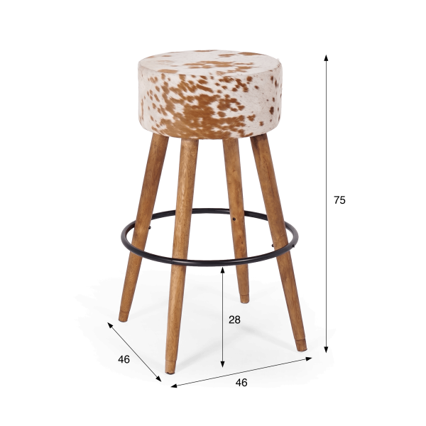 Barhocker aus Holz und Sitzfläche aus natürlichem Kuhfell - Ranch