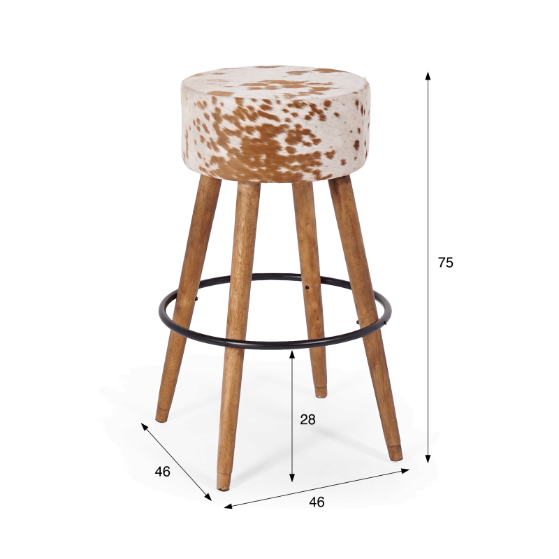 Barhocker aus Holz und Sitzfläche aus natürlichem Kuhfell - Ranch
