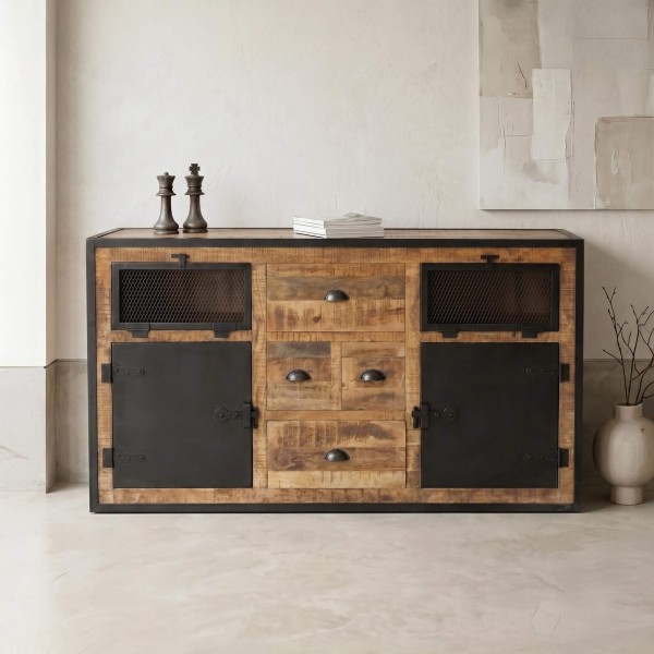 Industrielles Sideboard mit Türen in Karbonoptik