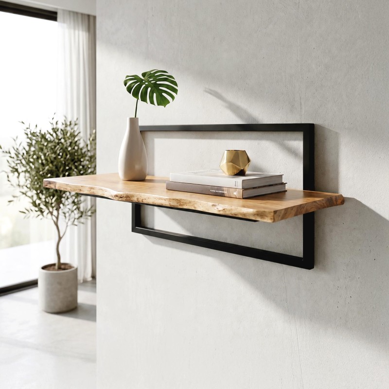 Wandregal 90 cm mit Massivholzplatte und natürlicher Kante