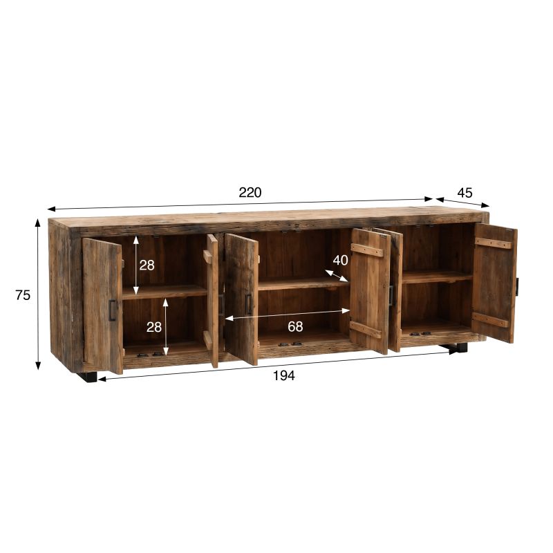 Sideboard aus dunklem, rohem Altholz 220 cm - Antique
